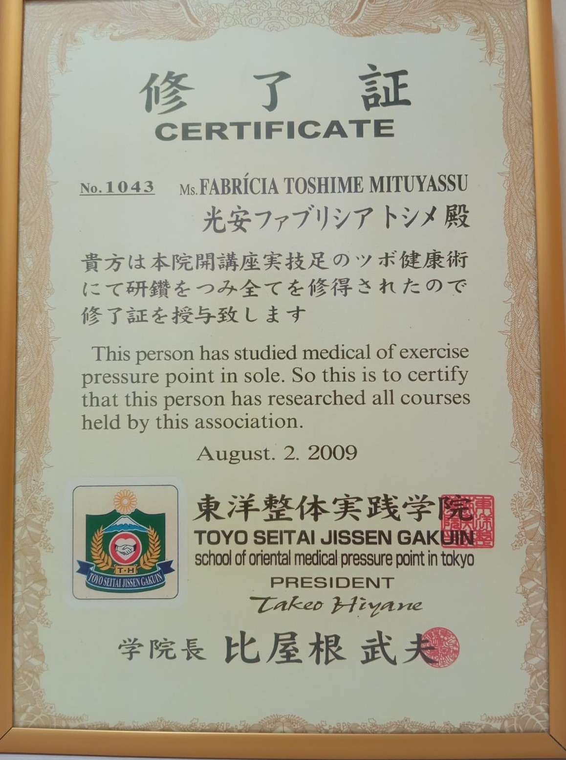 Certificado de formação no Japão (2009)